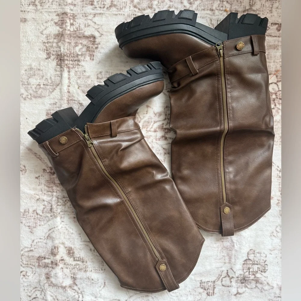 Brown Knee-High Boots with Black Soles bulky fun brown boots - Picture 2 of 13